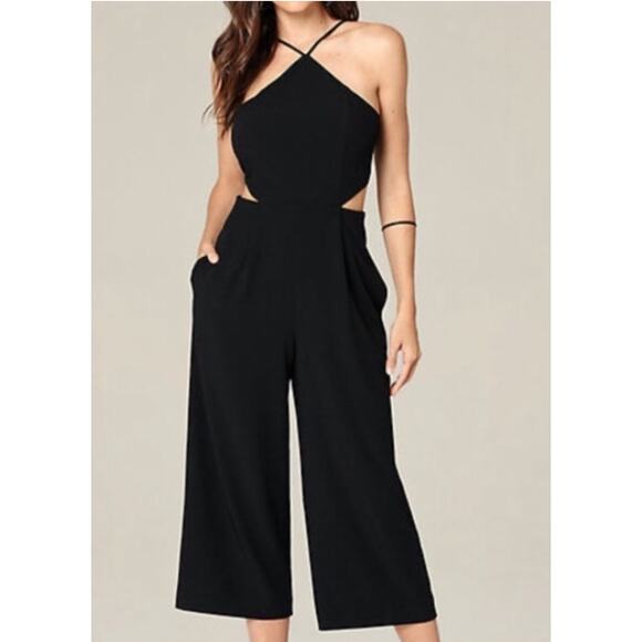 Bebe Jumpsuit Cutout Cropped Wide Leg Black Size 12 - Picture 1 of 8